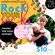 Load image into Gallery viewer, QR Zariah Smithies Sock Purchases From Fundraiser Boxes Celebrate T21 2026