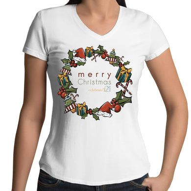 Christmas - ‘Celebrate T21 Christmas Wreath’  AS Colour Bevel - Womens V-Neck T-Shirt
