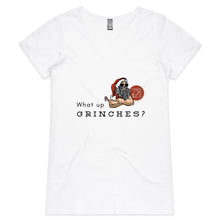 Load image into Gallery viewer, What Up Grinches? Alexis Schnitger Design 2022 -  AS Colour Bevel - Womens V-Neck T-Shirt