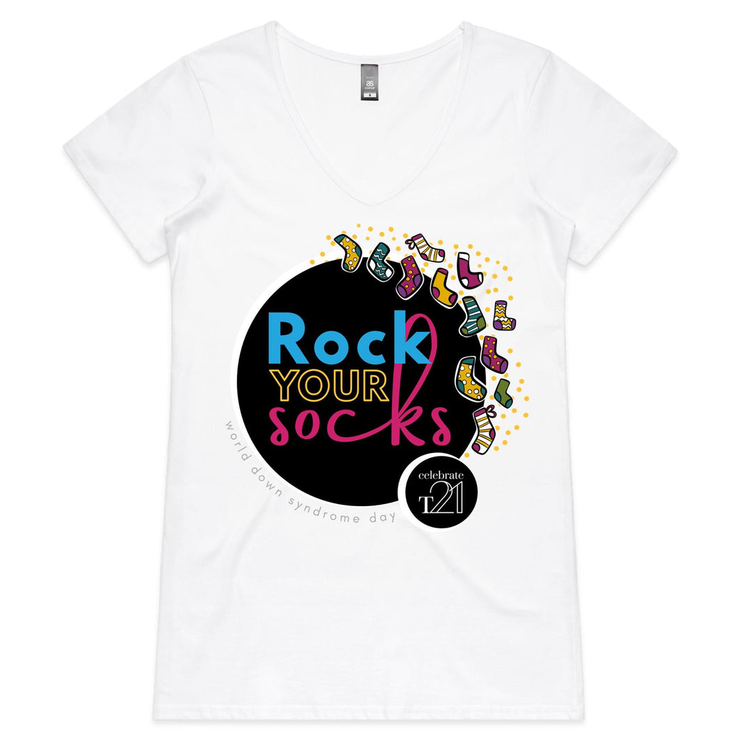 ROCK YOUR SOCKS WDSD - AS Colour Bevel - Womens V-Neck T-Shirt 213