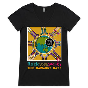 WDSD Harmony Day and Rock Your Socks - AS Colour Bevel - Womens V-Neck T-Shirt