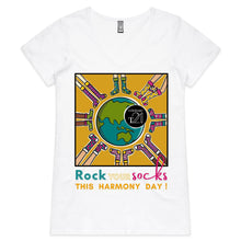 Load image into Gallery viewer, WDSD Harmony Day and Rock Your Socks - AS Colour Bevel - Womens V-Neck T-Shirt