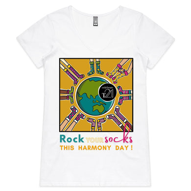 WDSD Harmony Day and Rock Your Socks - AS Colour Bevel - Womens V-Neck T-Shirt